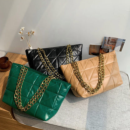 Women Basic Casual Chain Design Solid Color Large Capacity PU Tote Shoulder Bag