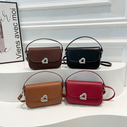 Women Fashion Simple Solid Color Love Lock Saddle Shoulder Bag