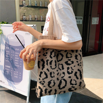 Knitted Shopping Bag Leopard Woven One-Shoulder Casual Portable Shoulder Handle Bag