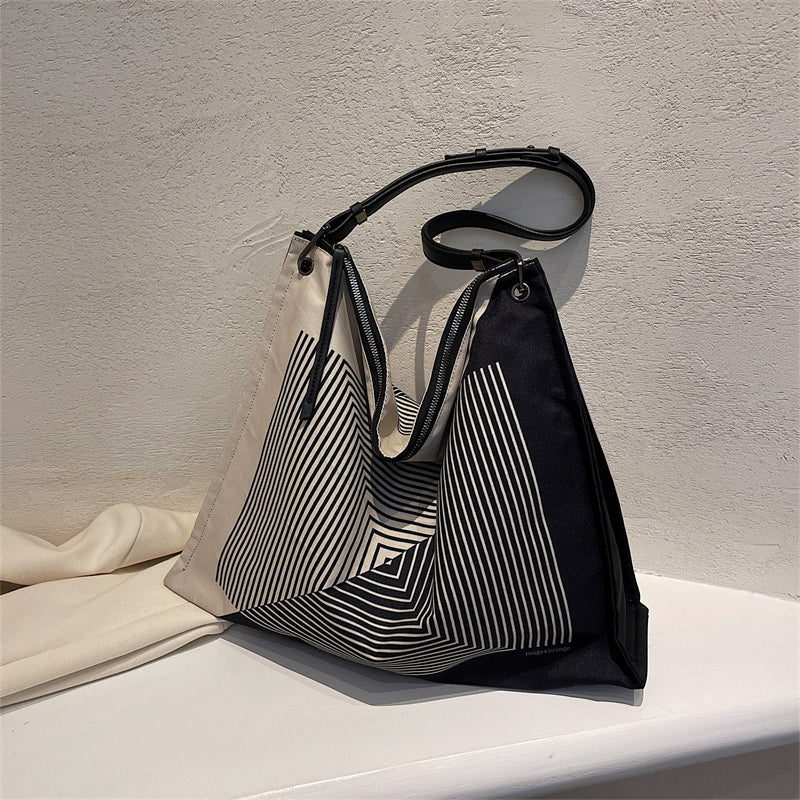 Sac fourre-tout décontracté en nylon à motif rayé unique pour femme, grande capacité 