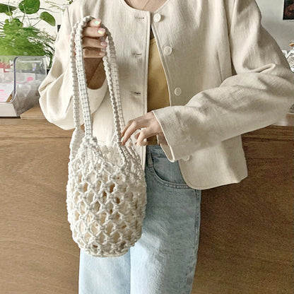 2 In 1 Beach Handbag Hollow Mesh Women Pastoral Design Solid Color Woven Shoulder Handle Bag