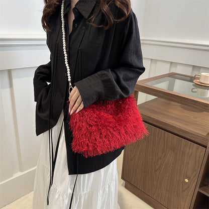 Fashion Solid Color Plush Pearl Chain Shoulder Bag