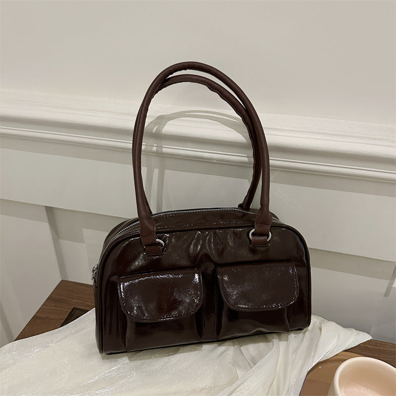 Sac à bandoulière décontracté rétro à double poche pour femme, couleur unie 