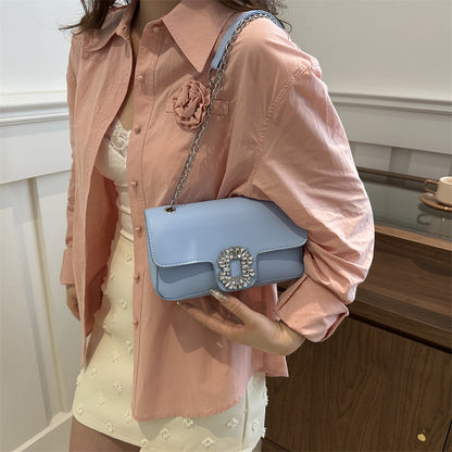 Sac à bandoulière carré élégant et tendance avec boucle en strass de couleur unie 