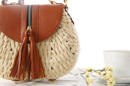 Women Fashion Simple Vacation Beach Straw Woven Color Block Tassel Zipper Flap Shoulder Bag