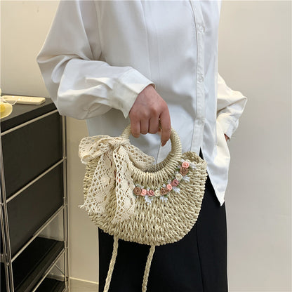 Women Fashion Casual Floral Woven Beach Handbag