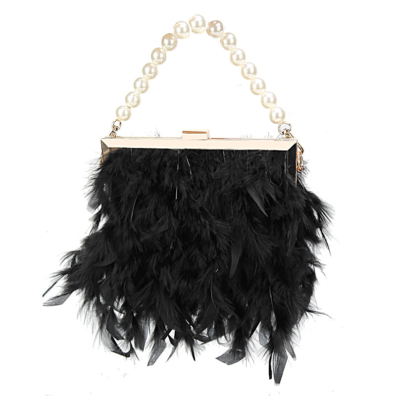 Women Fashion Trend Feather Decoration Metal Buckle Design Square Clutch Bag