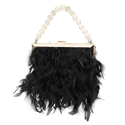 Women Fashion Trend Feather Decoration Metal Buckle Design Square Clutch Bag