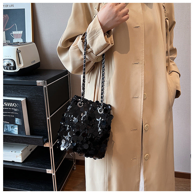 Sac seau à bandoulière à paillettes pour femme 