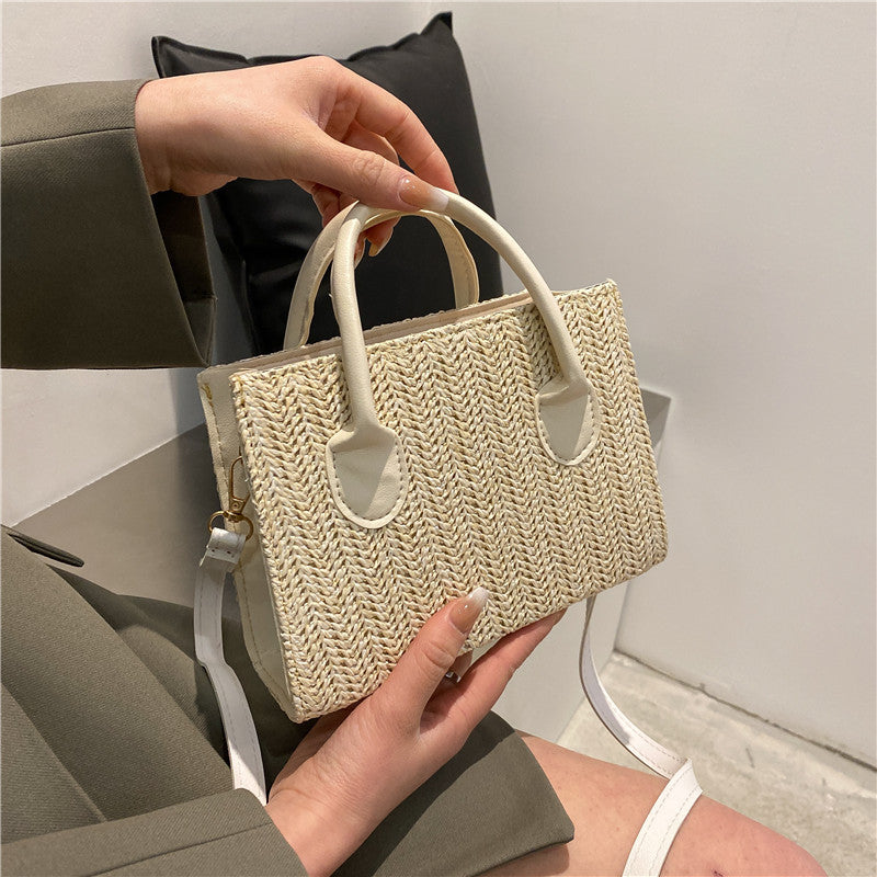 Sac à bandoulière en paille tissée pour femme, simple et tendance, grande capacité, avec poignée carrée 