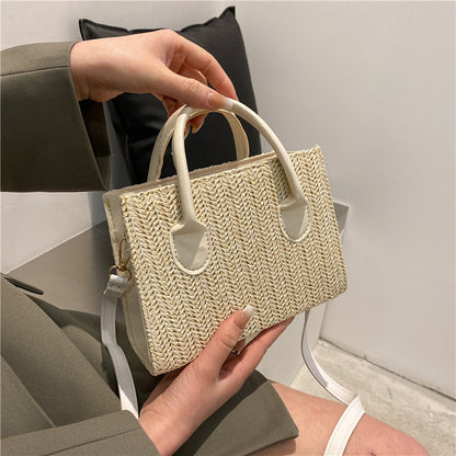 Sac à bandoulière en paille tissée pour femme, simple et tendance, grande capacité, avec poignée carrée 