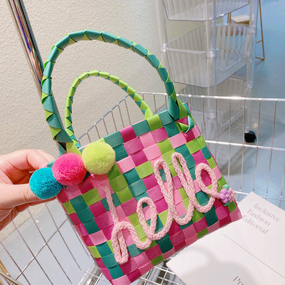 Women Cute Sweet Letters Decorative Colorful Woven Design Pompon Pendant Straw Shoulder Bag