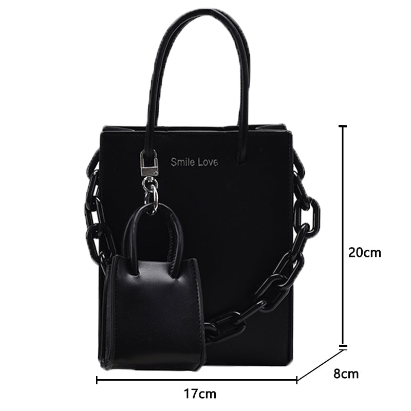 2 In 1 Women Fashion Basic Chain Decorative Solid Color PU Handle Bag