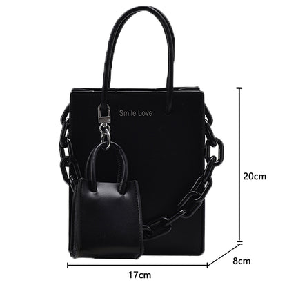 2 In 1 Women Fashion Basic Chain Decorative Solid Color PU Handle Bag