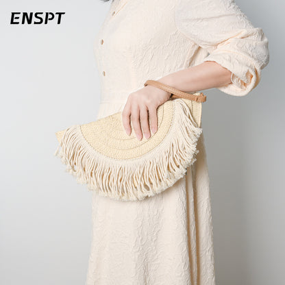 Sac à pompons ethnique tissé tendance pour femme 