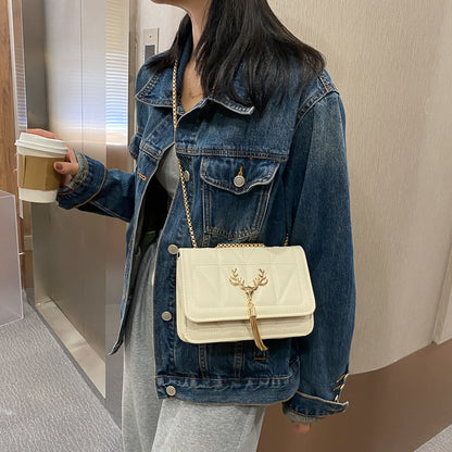 Women Fashion Deer Decorative Flap Buckle Design Solid Color PU Crossbody Bag