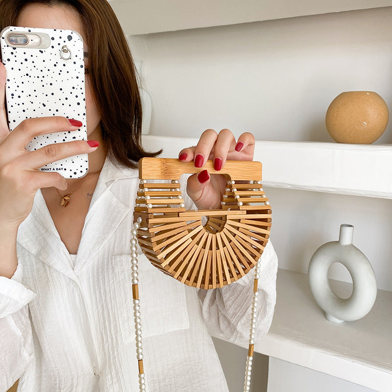Women Fashion Bamboo Weaving Pearl Pop Straw Saddle Handbag