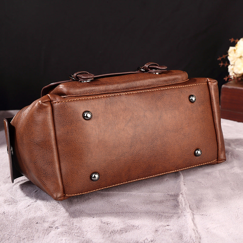 Women Fashion Retro Large Capacity Rivet Fur Ball Pendant PU Handle Shoulder Bag