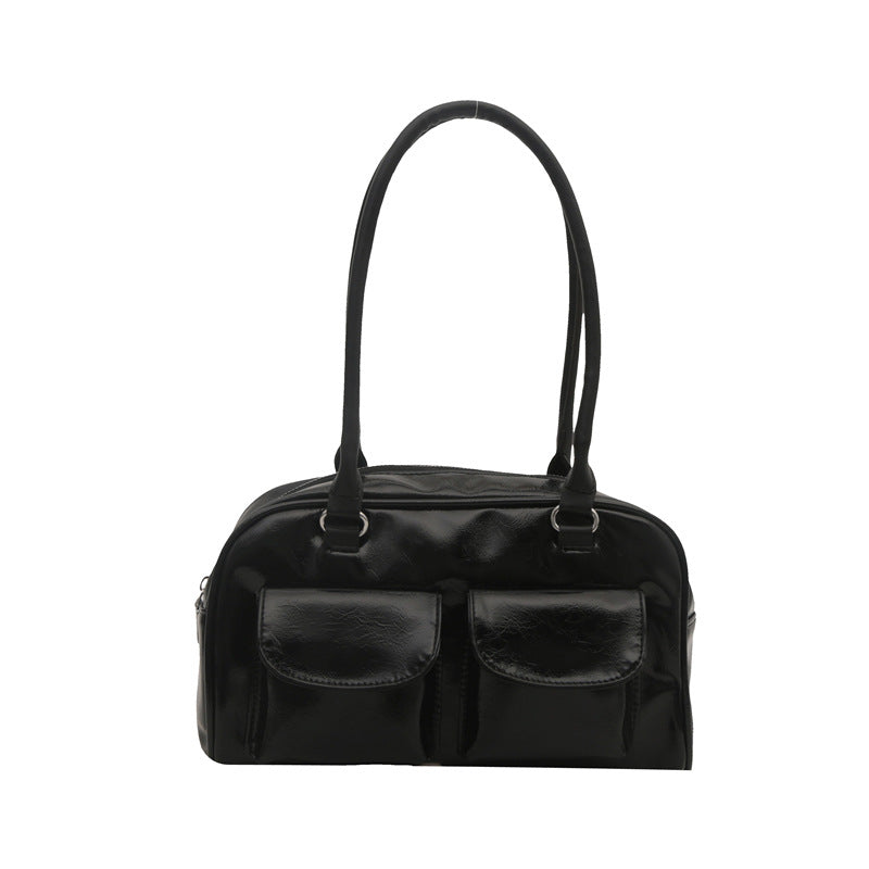 Sac à bandoulière décontracté rétro à double poche pour femme, couleur unie 