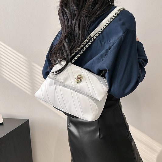 Women Fashion Casual PU Solid Color Stripe Chain Shoulder Bag