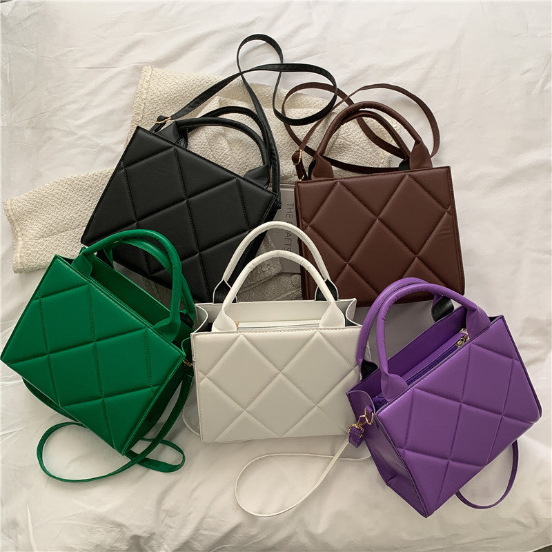 Women Basic Rhombus Design Solid Color PU Handle Bag