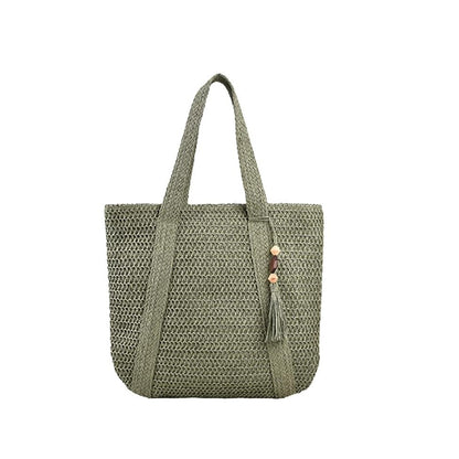 Summer Women Leisure Vacation Beach Grass Woven Tassel Pendant Tote Bag