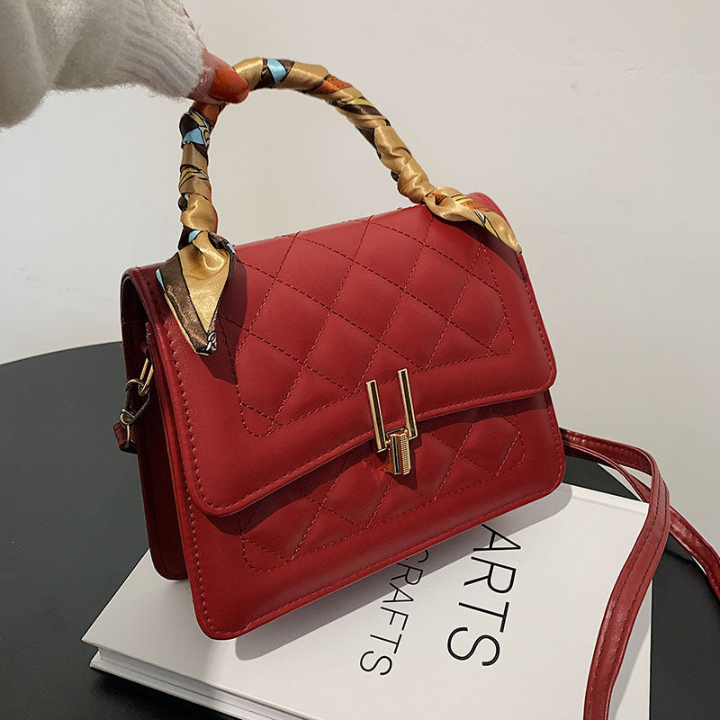 Women Elegant Silk Scarf Decorated Flap Buckle Design Rhombus Stitching Solid Color PU Crossbody Bag