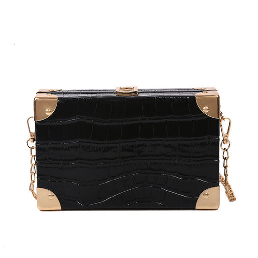 Women Vintage Chain Design Stone Pattern Solid Color Large Capacity Square Crossbody Handle Bag