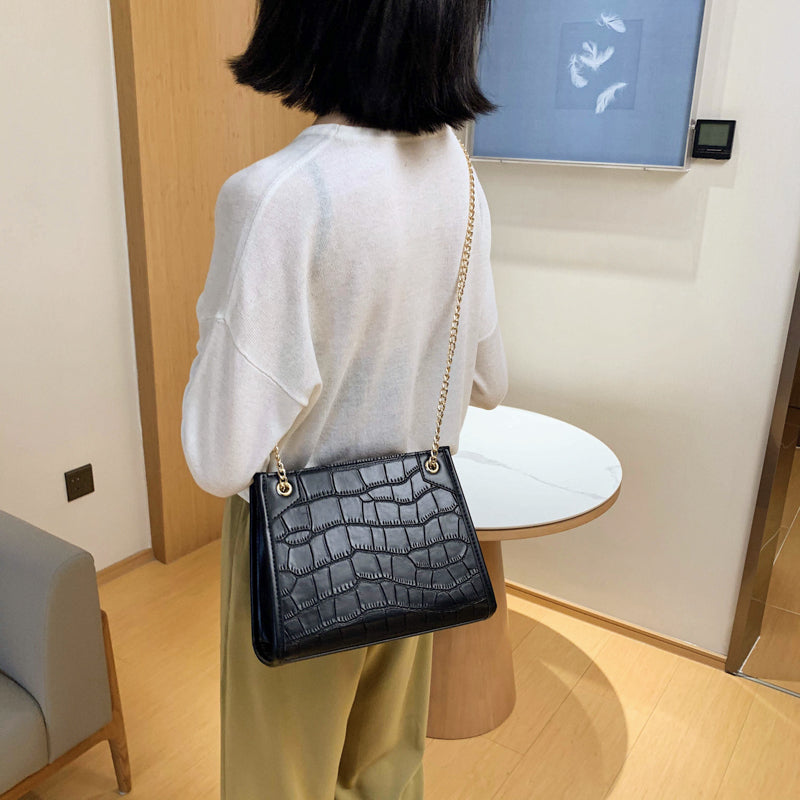 Women Casual Chain Design Stone Pattern PU Shoulder Bag