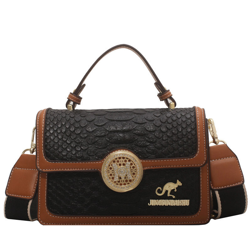 Women Vintage Flap Buckle Design Crocodile Pattern PU Crossbody Bag