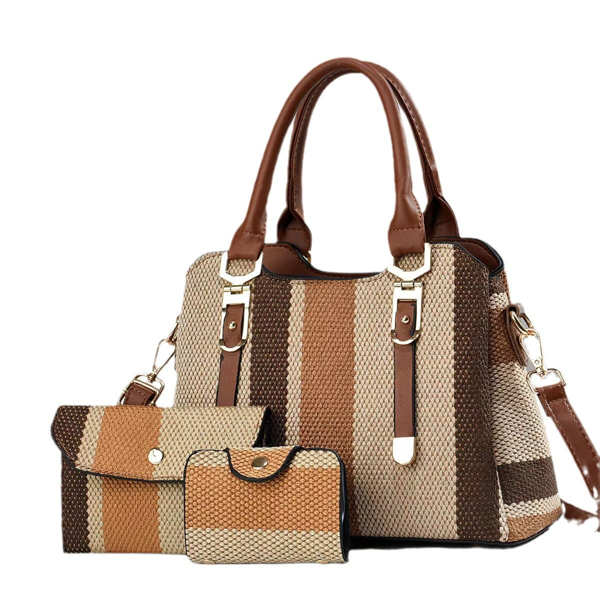 Fashion Stripe Canvas Contrast Large-Capacity Handbag Three-Piece Set