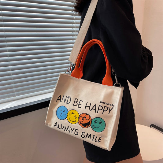 Women Cute Casual Cartoon Smiley Letter Pattern Large Capacity Canvas Tote Bag