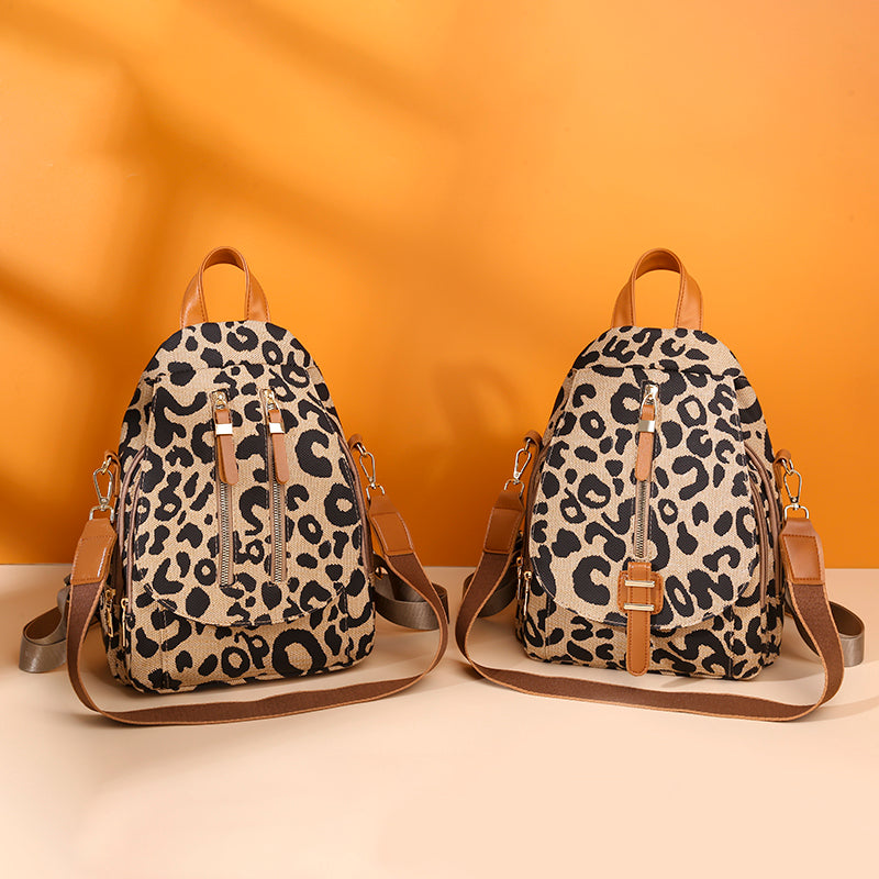 Women Fashion Leopard Pattern Zipper Design Multifunctional Large Capacity PU Backpack