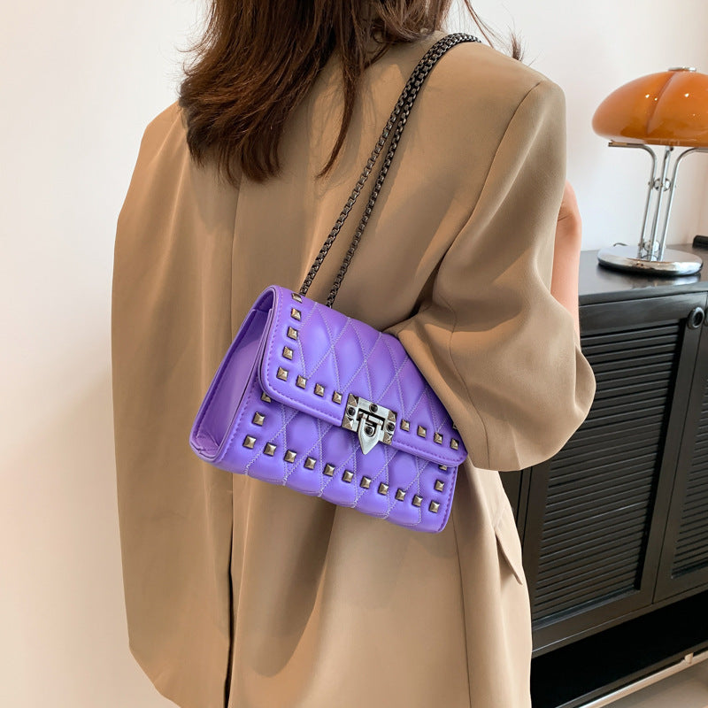 Women Simple And Fashionable Studded Flap Lock Square Chain Crossbody Bag