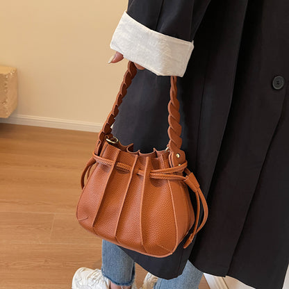 Women Fashionable Simple Solid Color Creased Strap PU Bucket Crossbody Bag