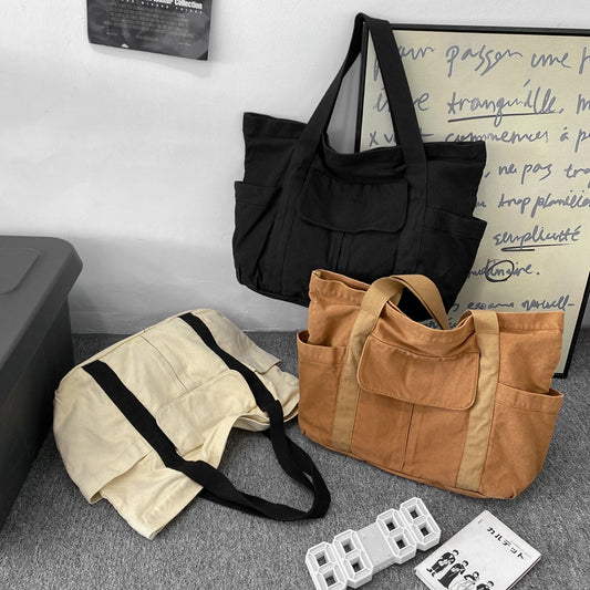 Women Casual Vintage Multi-pocket Design Solid Color Large Capacity Canvas Tote Bag