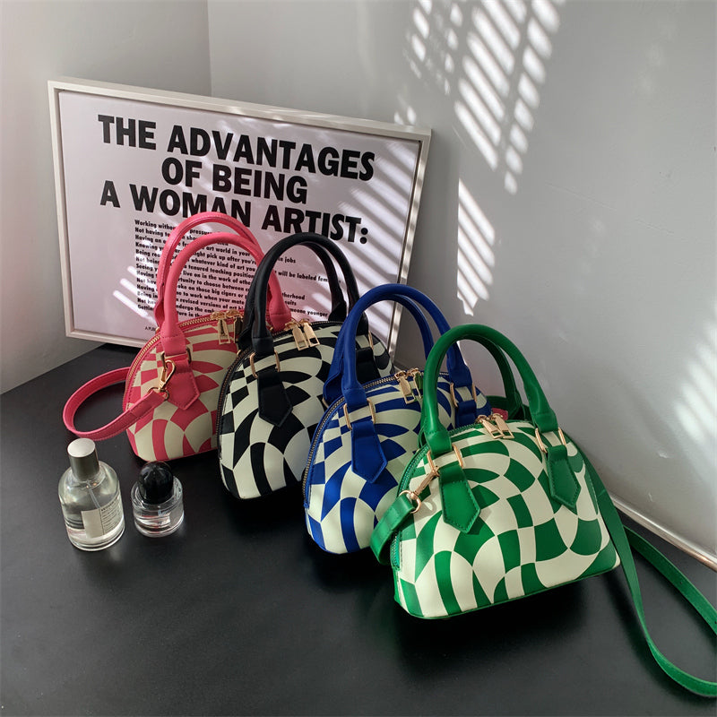 Women Chic Zipper Design Shell ShapedColor Blocking PU Handle Bag