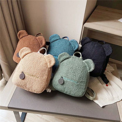 Women Cute Bear Shape Zipper Design Solid Color Plush Backpack