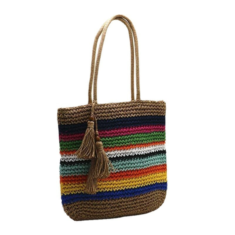 Women Fashion Boho Rainbow Colorful Vacation Woven Shoulder Bag