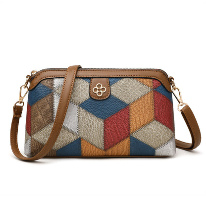 Women Fashion Bohemian Style Color Block Rhombic Stitching Zipper Crossbody Bag