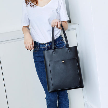 Women Fashion Basic Magnetic Buckle Zipper Design Solid Color Large Capacity PU Tote Bag
