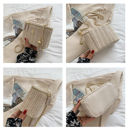 Women Fashion Simple Straw Woven Zipper Square Crossbody Bag