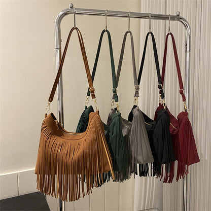 Women'S Fashionable Solid Color Tassel Large Capacity Shoulder Bag