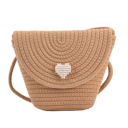 Women Fashionable Casual Straw Woven Heart-Shaped Pearl-Embellished Flap-On Crossbody Bag