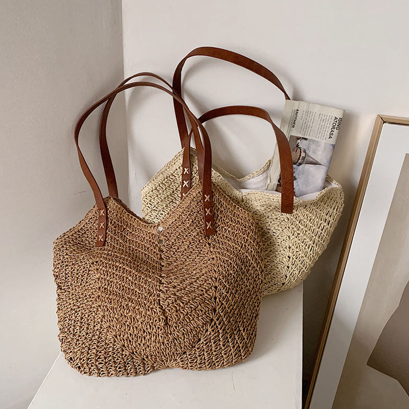 Sac à bandoulière en paille pour femme, décontracté, tissé creux, couleur unie, grande capacité 