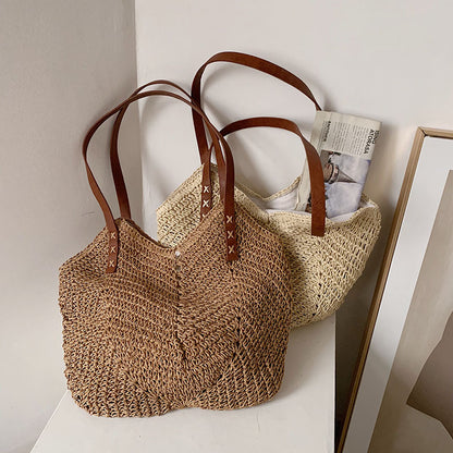 Sac à bandoulière en paille pour femme, décontracté, tissé creux, couleur unie, grande capacité 