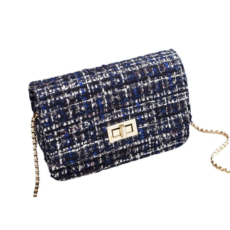 Women Fashionable Woolen Plaid Flap Lock Square Chain Crossbody Bag