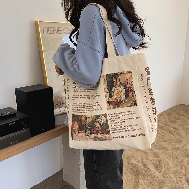 Sac à bandoulière en toile grande capacité pour femme, décontracté, motif dessin animé, motif lettres 