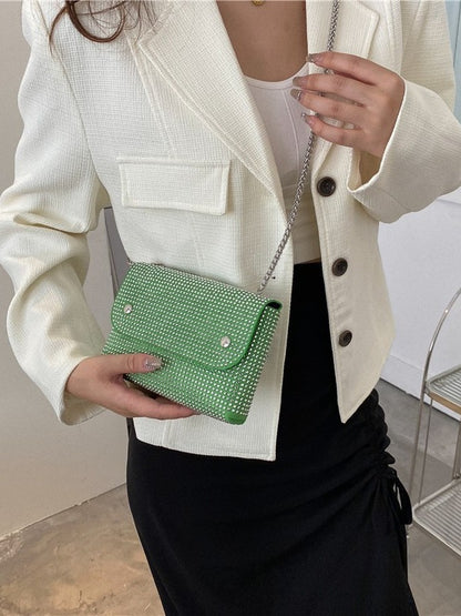 Women Fashion Square Flap Rhinestone Chain Crossbody Bag