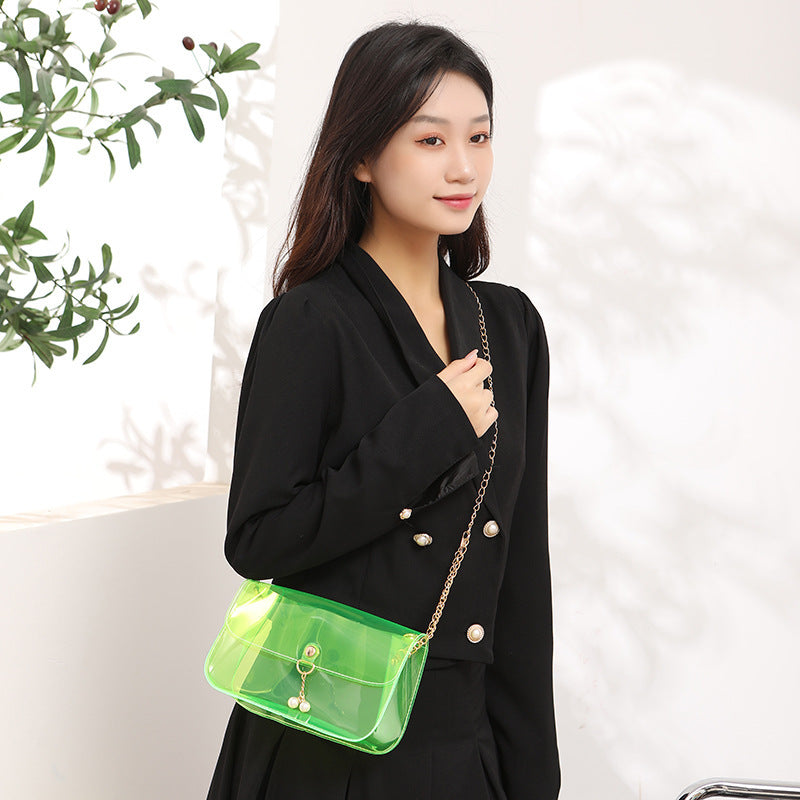 Women Fashion Simple Transparent Clear Acrylic Pearl Pendant Chain Messenger Mini Bag